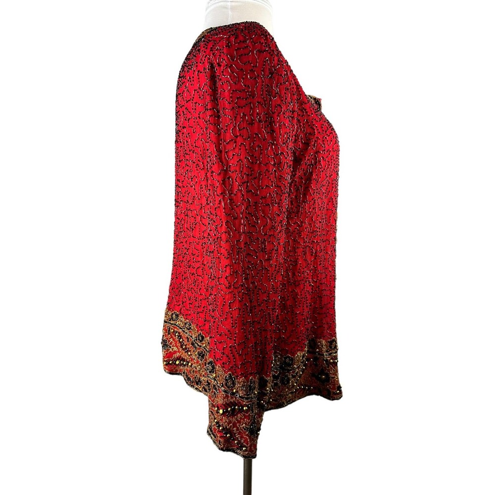 *Flawed* Vintage Laurence Kazar Silk Beaded Embellished Jacket Red Plus Size 2X - Picture 5 of 16